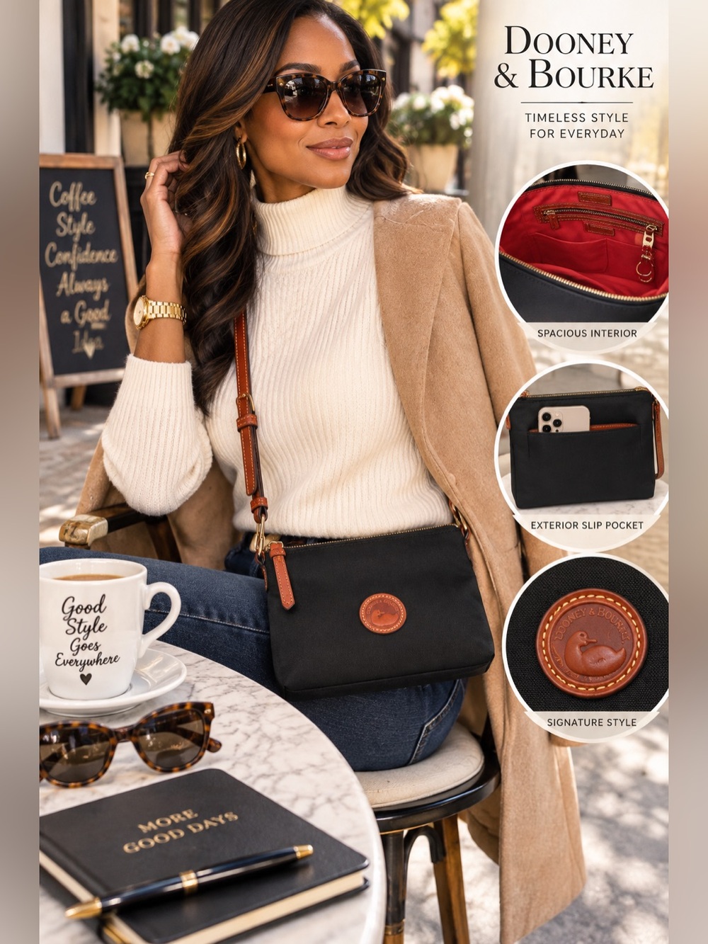 Dooney & Bourke Black Nylon Crossbody with Cognac Leather Trim